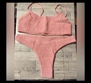 Light Pink Summer Beach Smocked Textured Cheeky Women's Bikini Set Large - Picture 1 of 1