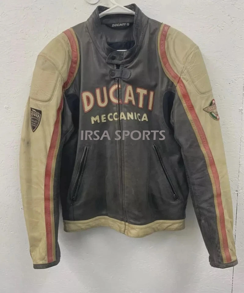 Ducati Meccanica Vintage Beige Leather Jacket – Classic Motorcycle Look, Timeles - Image 1 of 4