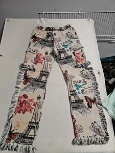 Guapi Hose Damen Größe 32 Taille 12/14 Gummizug Fransenrand Blumenmuster Eiffel Paris  - Bild 1 von 7