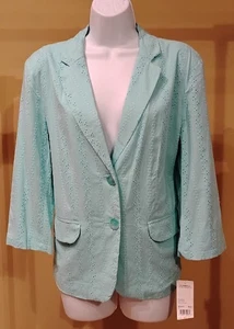 Blazer Top Nuevo con Etiquetas $59 Elementz Mujer Azul Agua Manga 3/4 100% Algodón Ojales Talla L - Imagen 1 de 3