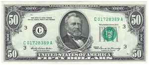 1969 Fifty Dollar Bill Federal Reserve Note C01728389A Philadelphia 2114C AU - Picture 1 of 2
