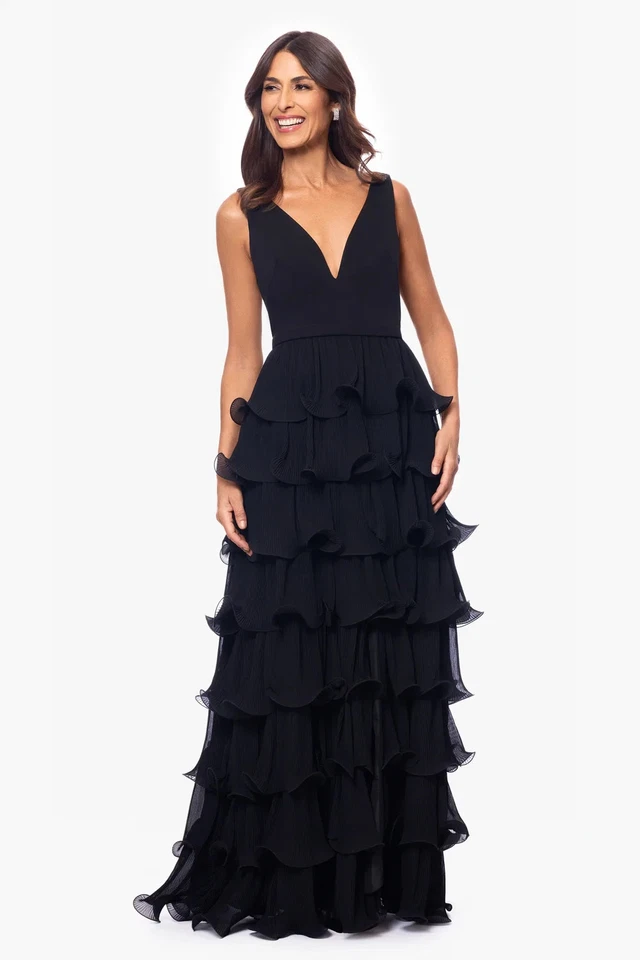Betsy & Adam Black Tiered Wire Ruffle Gown Dress Size 8 $370 - Image 1 of 4