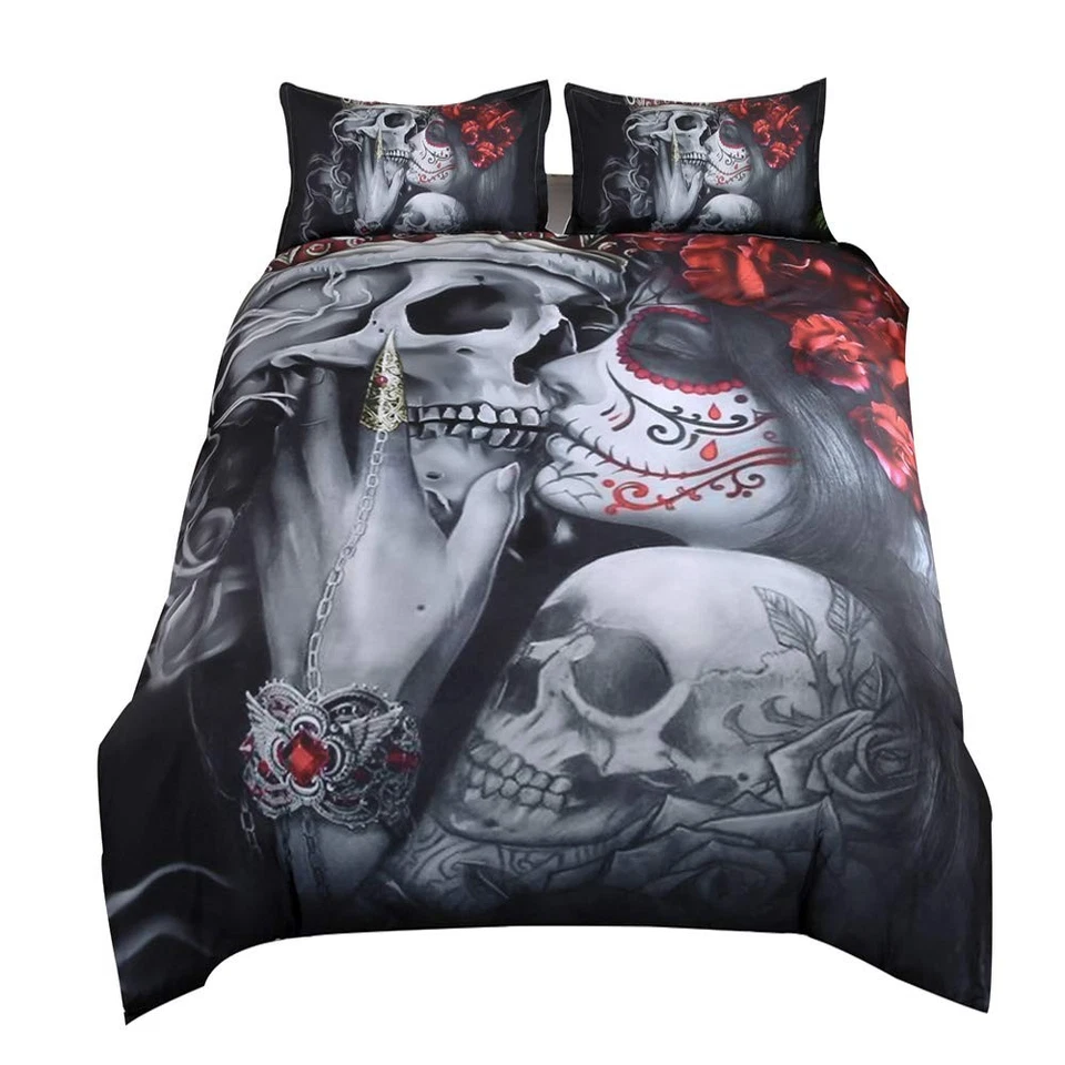 Suncloris Bedding Duvet Cover Sets 3d Dead Sugar Skull Girl Kissing Queen
