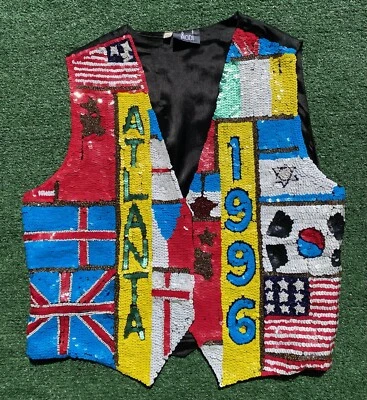 Chaleco bandera olímpica Atlanta 1996 vintage raro vintage con lentejuelas para mujer talla mediana Foto 1 de 4
