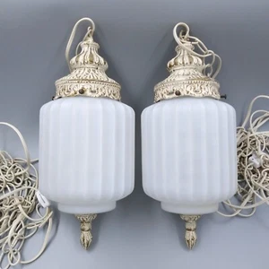 Set 2 Swag Lampada a Sospensione Catena Luminosa Vetro Rigato Vintage MCM - Foto 1 di 13