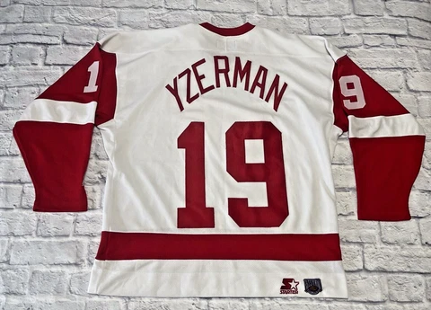 Vintage Starter Detroit Red Wings YZERMAN #19 XL NHL Hockey Jersey White Sewn Cover