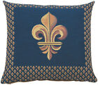 Jacquard Woven Throw Pillow Cover | Framed Fleur de Lys on Blue | 19x19 in  New