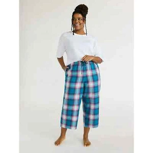 JOYSPUN COTTON PAJAMA LONG PLAID PANTS BLUE WHITE MULTI POCKETS 2X 22W-24W - Picture 1 of 4