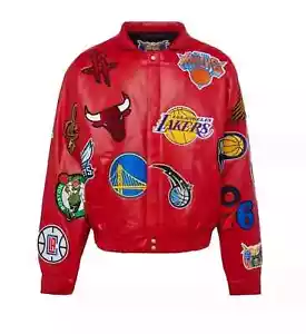 NEW Men's Red NBA College Varsity Jacket Real Leather Jeff Jacket - Picture 1 of 3