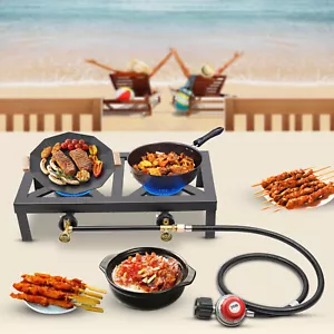 Cast Iron Double Burner Portable Outdoor Camp Stove Propane Gas LPG BBQ Cooker - Picture 1 of 24