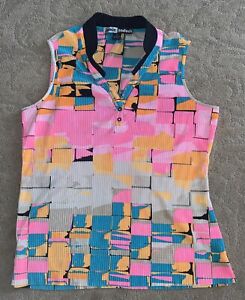 Jamie Sadock Bright Multicolor Abstract Blocks Sleeveless Golf Shirt XL