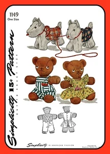Stuffed Toys Sewing Pattern SCOTTY Dog or TEDDY Bear w Clothes 1149 Vtg 1940s - Picture 1 of 5