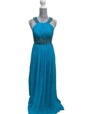 Vestido Aidan Mattox Talla 0 Verde azulado Largo Seda Halter Con Cuentas Cintura Vestido Formal Foto 1 de 4