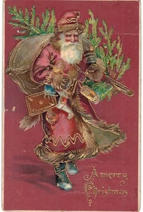 Weihnachtsmann geprägt vergoldet deutscher roter Hintergrund 1910  - Bild 1 von 2