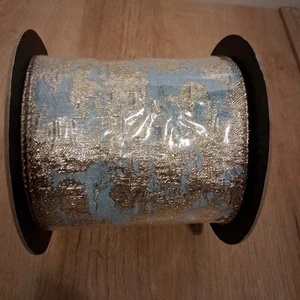 d. stevens Luxury Ribbon  Gold And Light Blue Abstract Print 4" x 10 Yd Wired - Picture 1 of 4