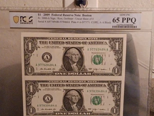2009 Federal Reserve Note Boston Rios Geithner Uncut Sheet A-A Block GEM Sequent - Picture 1 of 9