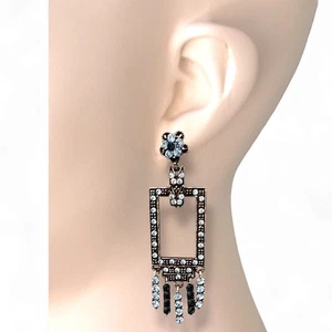 3.25" Drop Silver tone Blue Crystal Chandelier Retangular Romantic Retro Earring - Picture 1 of 3