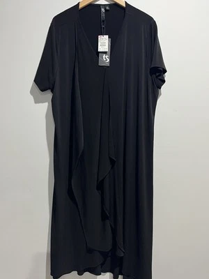 Taking Shape Dress  L Black Ruffled Front V Neck Midi Stretchy        #010A - Image 1 of 4