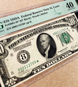 Fr. 2001-H* 1928A $10 Federal Reserve Note ST. LOUIS *STAR* PMG 40 - XF - Picture 1 of 3
