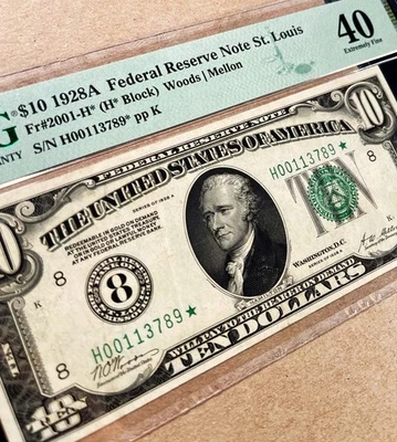 Fr. 2001-H* 1928A $10 Federal Reserve Note ST. LOUIS *STAR* PMG 40 - XF - Image 1 of 3