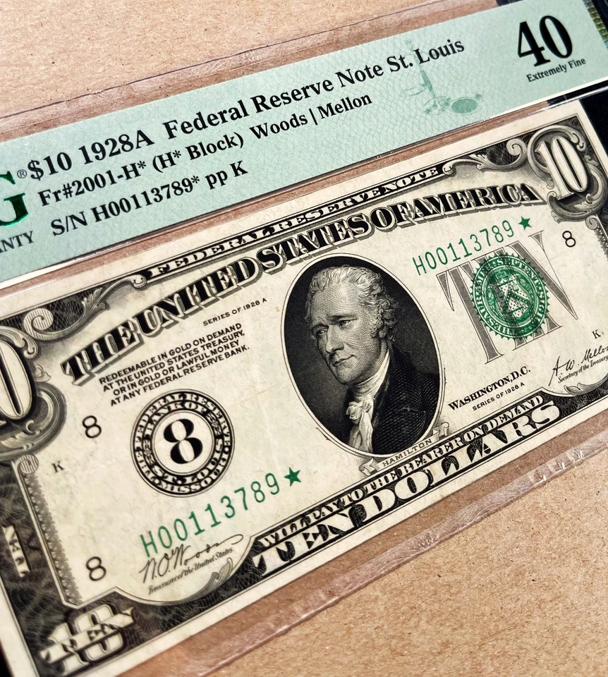 Fr. 2001-H* 1928A $10 Federal Reserve Note ST. LOUIS *STAR* PMG 40 - XF - Image 1 of 3