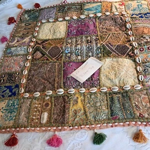 Boho Pillow Cover Shells Tassels Patchwork Decorative Accent 22" Square - Picture 1 of 9
