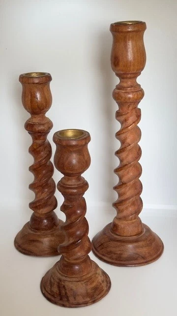 Juego de tres candelabros de madera retorcidos vintage para mesa de cena boho chimenea Foto 1 de 4