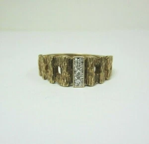 ~VERY NICE 14K YELLOW GOLD MENS TREE BARK WOOD PATTERN DIAMOND RING .03CT. 5.3G - Picture 1 of 8