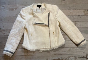 J Crew Suit Moto Jacket Blazer Fringe-Openings Cream Texture Tweed Full-Zip Line - Picture 1 of 15