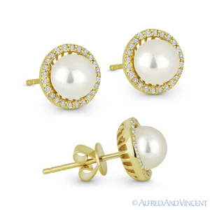 Pendientes de perla de agua dulce y diamantes redondos de 0,16 quilates de oro amarillo de 14 K con pernos de halo - Imagen 1 de 1