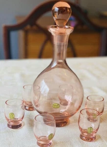 NIB Bohemia Crystal Round Barbie Pink Decanter Set Six Glasses Czechoslovakia - Bild 1 von 9