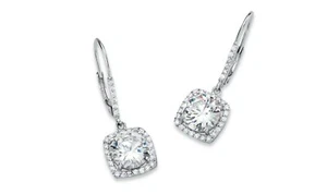 925 Sterling Silver Plated Round Cubic Zirconia Halo Drop Earrings For Women - Picture 1 of 3