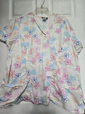 Cherokee Scrub Top Size 3XL-White/Pastel Floral Mock Wrap-Chest 28.5"/L 28.5" - Image 1 of 4