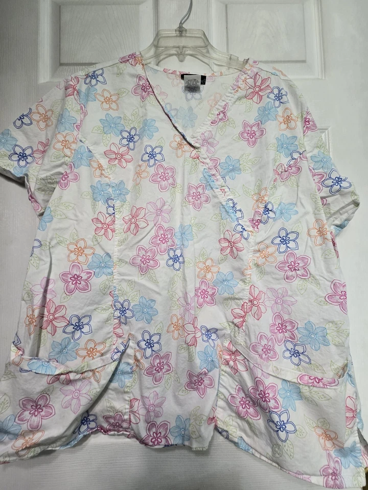 Cherokee Scrub Top Size 3XL-White/Pastel Floral Mock Wrap-Chest 28.5"/L 28.5" - Image 1 of 4