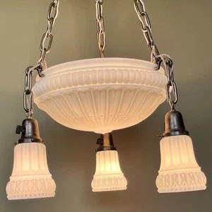 Vintage 1920s Gravity Bowl Pan Chandelier With Milk Glass Shades - Restored! - Picture 1 of 12
