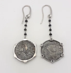 Orecchini argento 925 monete romane gioiello donna diamanti neri spinelli neri - Foto 1 di 3