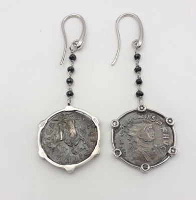 Orecchini argento 925 monete romane gioiello donna diamanti neri spinelli neri - Immagine 1 di 3