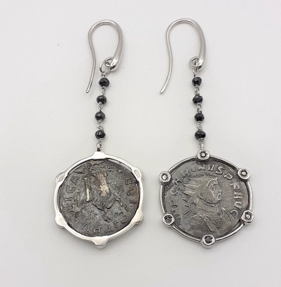 Orecchini argento 925 monete romane gioiello donna diamanti neri spinelli neri - Immagine 1 di 3