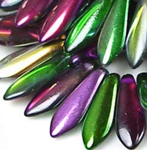 25 cuentas de daga checa recubiertas - pavo real marea/oro 16x5 mm - Imagen 1 de 4