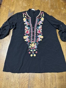 Solitaire L Black Floral Embroidered Tunic Blouse Top cottagecore boho Large - Picture 1 of 9