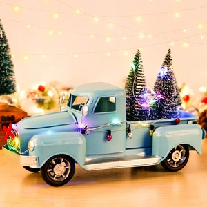 Decoración de camión de metal azul vintage de granja con luces de cadena, mini Navidad T... - Imagen 1 de 7