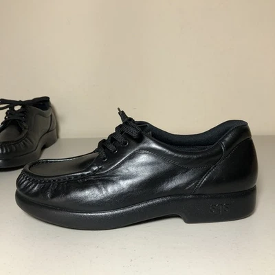 SAS Take Time Women 9.5 Black Leather Lace Up Loafer Moc Toe Tripad Comfort Shoe - Image 1 of 4