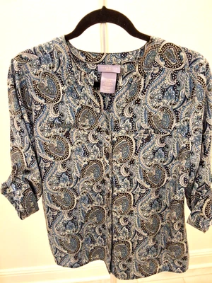 Camisa de cachemira azul sedoso Laura Scott para damas cuello con bandas negocios informal L nueva sin etiquetas Foto 1 de 4