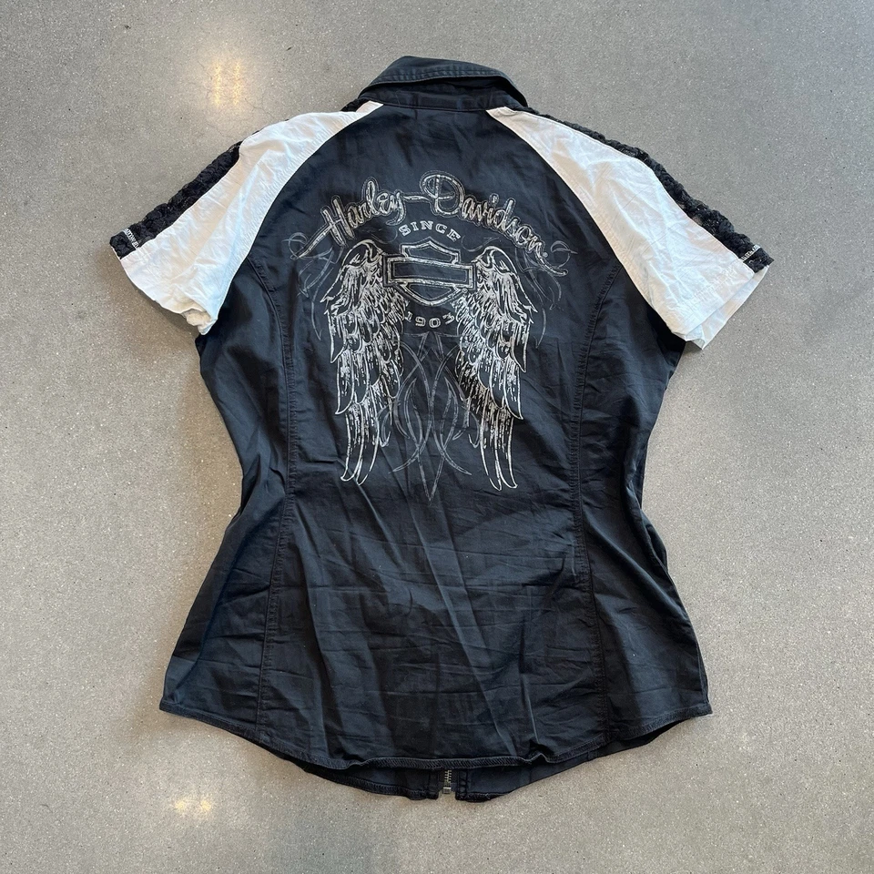 Camisa Harley Davidson para mujer pequeña con yugo de encaje negra blanca manga corta Y2K de colección Foto 1 de 4