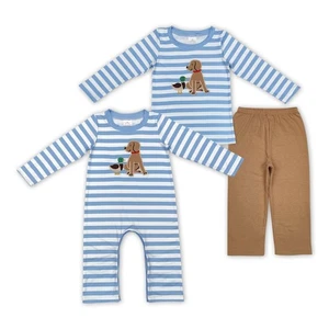 Baby Boys Sibling Hunting Dog Duck Cute Blue Striped Outfit and Romper - Picture 1 of 5