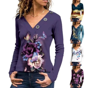 UK Womens V-Neck Print Tunic Tops Shirt Tee Ladies Casual Loose Blouse Size 6-24 - Picture 1 of 10