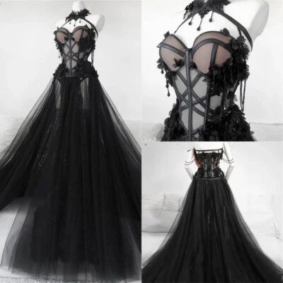 Gothic Black Wedding Dresses Hanging Neck Backless Lace Applique Bridal Gowns - Image 1 of 4