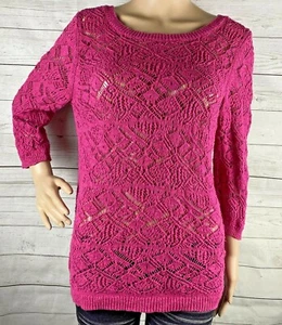 LC Lauren Conrad Sweater Medium Bright Pink Crochet Lace Front Tie Back Knit Top - Picture 1 of 12