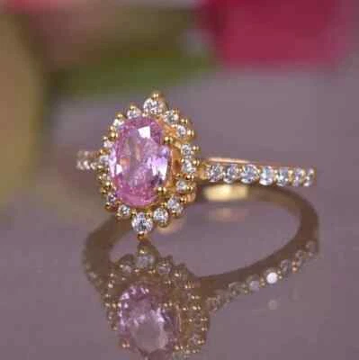 Anillo de boda de diamantes y zafiros rosados naturales de 3,60 quilates de oro amarillo real de 14 quilates Foto 1 de 4