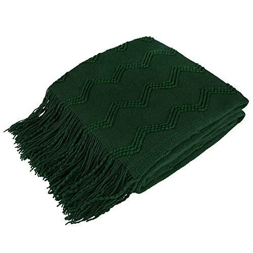PAVILIA Knitted Throw Blanket Fringe Emerald Green Dark Forest 90 ”